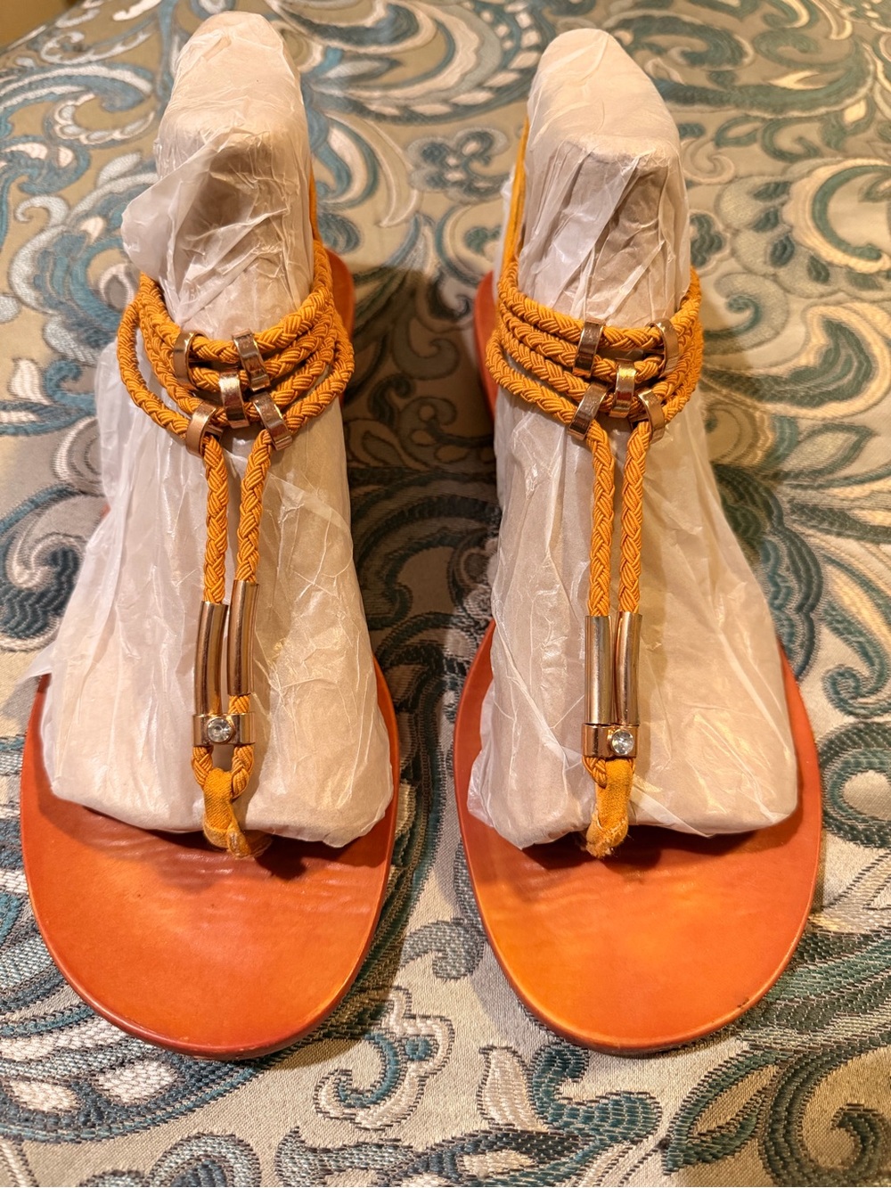 Rouge! Orange Braided T-Strap Sandals with Gold Accents